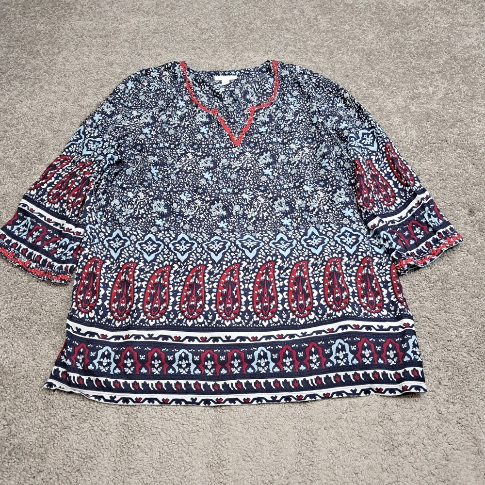 Charter Club Womens XL Navy Blue Red Paisley Floral 3/4 Sleeve Rayon Blouse